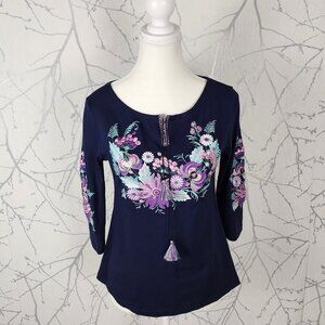 Galychanka Navy Floral Embroidered Stretch Jersey Peasant Blouse